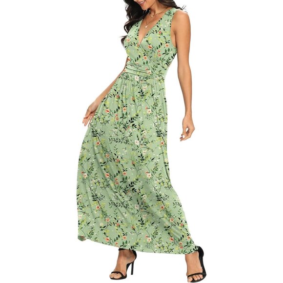 Women Ju Bai Green Deep V Neck Sleeveless Loose Plain Long Maxi Stretchy Dress - Picture 4 of 6